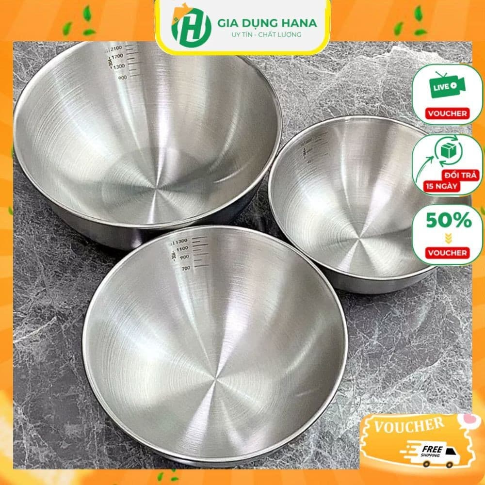 Set 3 Bát Âu Trộn Bột, Thau Trộn Salad Inox 304 Có Vạch Chia Dung Tích Tiện Lợi