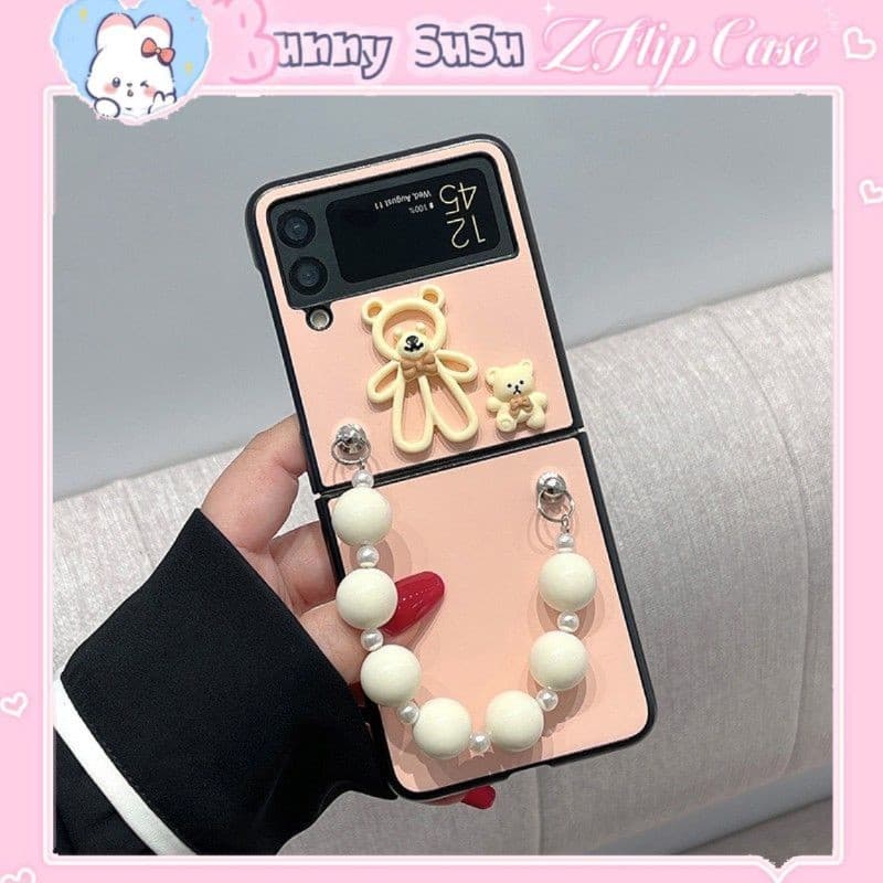 Ốp Samsung Z Flip 4 - ZFlip3 - Z Flip3 - Flip3 5G màu hồng pastel ngọt ngào charm gấu cute kèm dây đeo hạt kem
