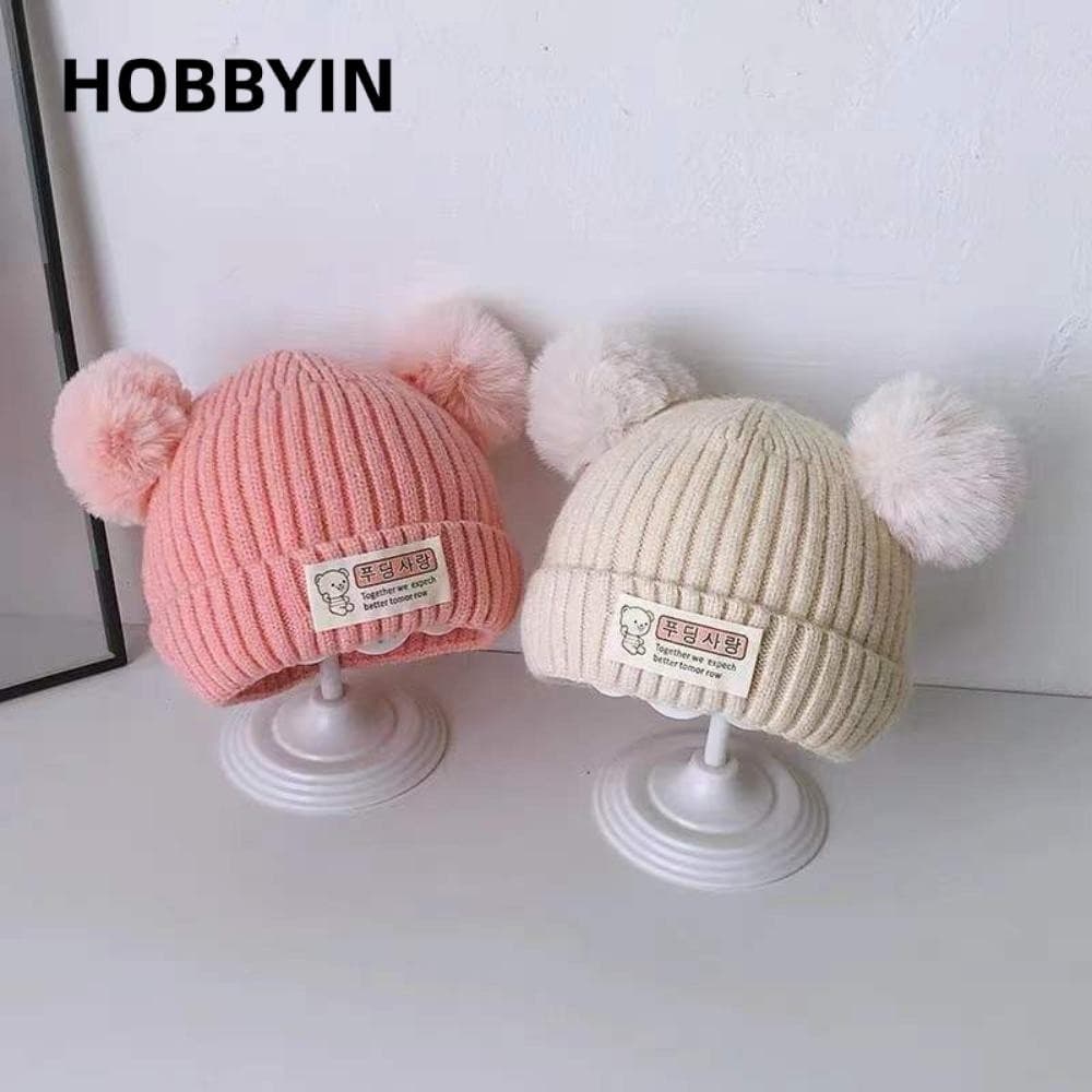HOBBYIN Mũ Dệt Kim Màu Trơn Đính Quả Bông Mềm Chất Lượng Cao Thời Trang Mùa Đông Cho Bé 0-3 Tuổi