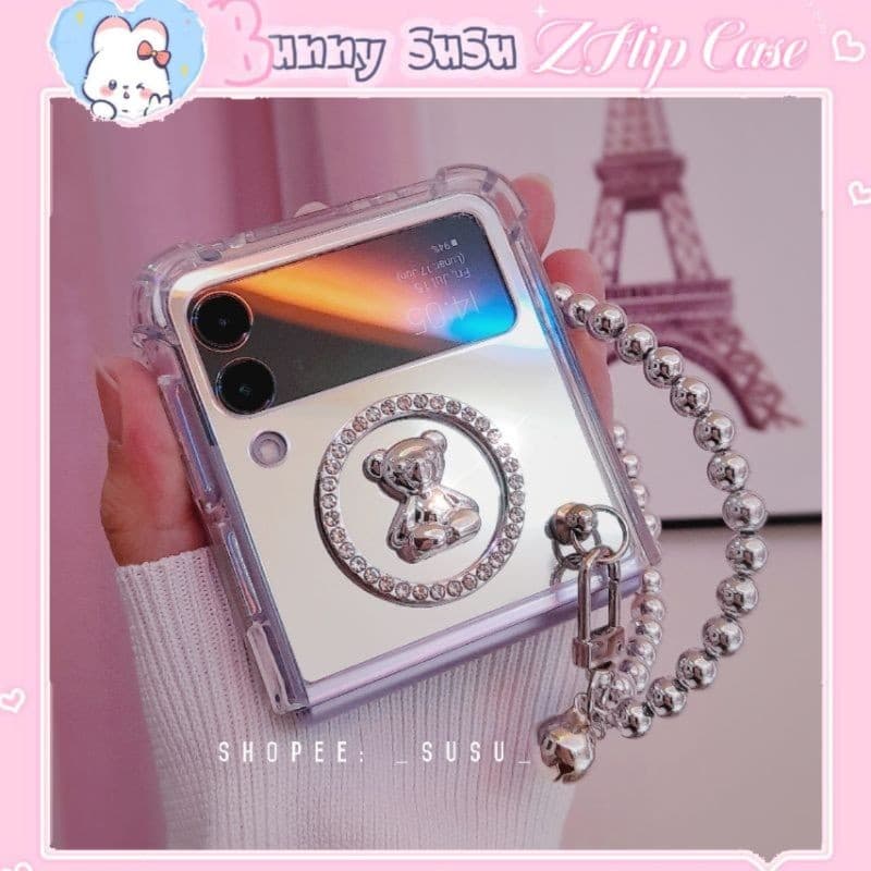 [HÌNH THẬT CÓ SẴN] Ốp Z Flip 8 - Flip 7 - Flip 6 - Flip5 5G tráng gương chống sốc vòng đá charm gấu kèm dây dễ thương