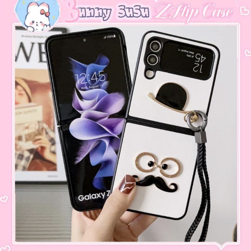 [CÓ SẴN] Ốp Samsung Z Flip 4 - Z Flip 3 - Z Flip3 - Flip4 5G phủ da charm râu dễ thương kèm dây đeo tay cá tính