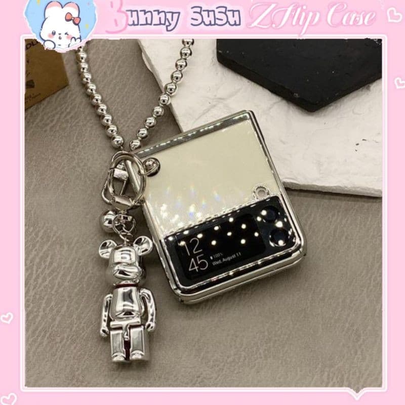 [ORDER] Ốp Samsung Z Flip 4 - ZFlip3 - Z Flip3 - Flip4 5G viền tráng gương tím kèm dây gấu bearbrick bạc cá tính cute