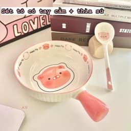 Set Bát Sứ 3 Món Hoạ Tiết Lợn Hồng Cute Chảo Béo Bát Ăn Cơm Và Thìa Happy Pig Dễ Thương 8