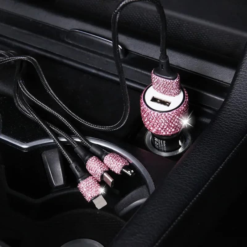 Mới Bling USB Sạc Xe Hơi 5V 2.1A Cổng Kép Nhanh Adapter Màu Hồng Trang Trí Ô Tô Kiểu Dáng Xe Kim Cương Phụ Kiện Xe Hơi Nội Thất Cho Người Phụ Nữ