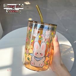 VINBEO Cốc Thuỷ Tinh Có Quai Cầm Tay Và Ống Hút Hoạ Tiết Mèo Nơ Xinh Xắn Dung Tích 1 Lít BIN002 2