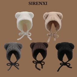 Mũ len tai gấu SIRENXI, Y2k có dây đeo Mũ máy bay ném bom dệt kim, Bảo vệ tai buộc dây Mũ len ấm áp 2