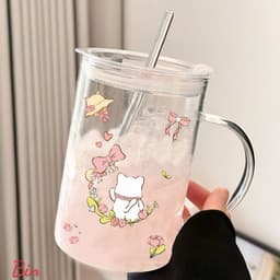 VINBEO Cốc Thuỷ Tinh Có Quai Cầm Tay Và Ống Hút Hoạ Tiết Mèo Nơ Xinh Xắn Dung Tích 1 Lít BIN002 1