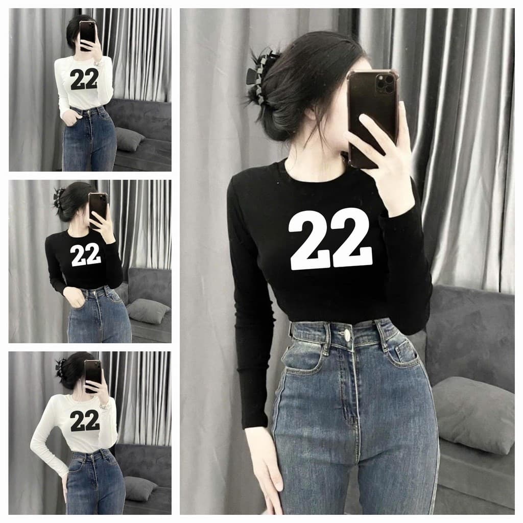 Áo Thun Nữ Cổ Tròn Ôm Body Tay Dài In Số 22 Phong Cách Hiện Đại ttslc77.22