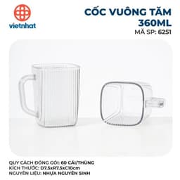 Combo 5,10 Cốc uống nước vuông tăm nhựa Việt Nhật 360ml (6251) Ca uống nước trong suốt Hokori cao cấp 4