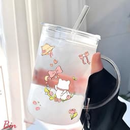 VINBEO Cốc Thuỷ Tinh Có Quai Cầm Tay Và Ống Hút Hoạ Tiết Mèo Nơ Xinh Xắn Dung Tích 1 Lít BIN002 3
