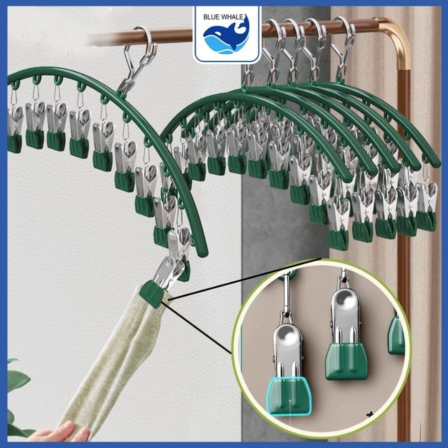 Móc Treo Đồ Lót, Tất Vớ 10 Kẹp Bọc Nhựa Có Khóa Chống Gió - Móc Treo Quần Áo 10 Móc Inox Siêu Tiện Lợi