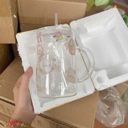 VINBEO Cốc Thuỷ Tinh Có Quai Cầm Tay Và Ống Hút Hoạ Tiết Mèo Nơ Xinh Xắn Dung Tích 1 Lít BIN002 8