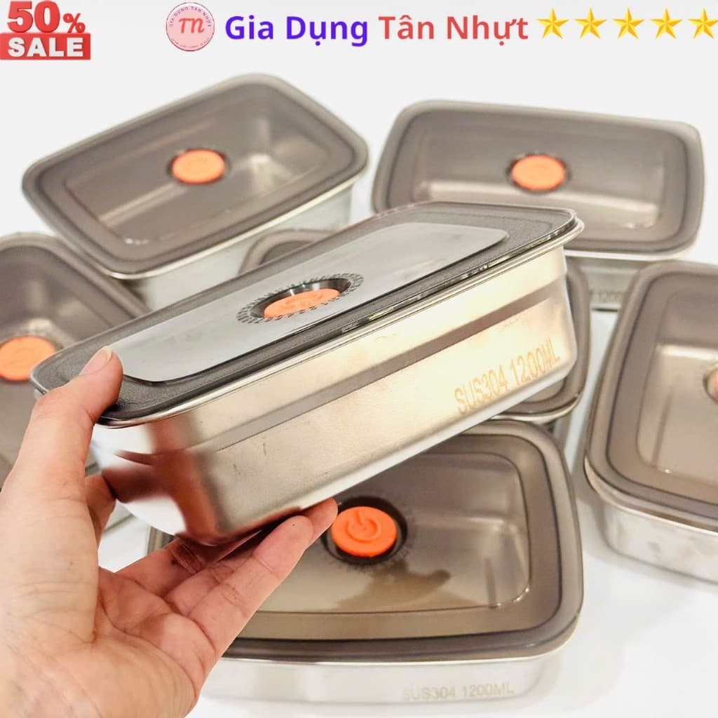 SKU159 - Hộp inox xịn 304 không hút nam châm, không gỉ sét 1200ml, có nắp hút chân không.