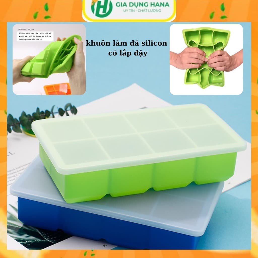 Khuôn làm đá, khay đá lạnh có nắp đậy chất liệu silicon an toàn tiện lợi bền bỉ