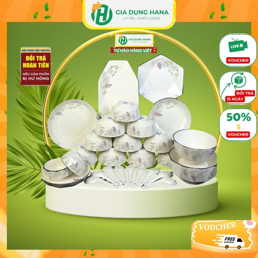 Bộ Bát Đĩa Sứ Bát Tràng Họa Tiết Hoa Nho Dáng Kim Cương 30 Chi Tiết Gốm Sứ Cao Cấp Loại 1