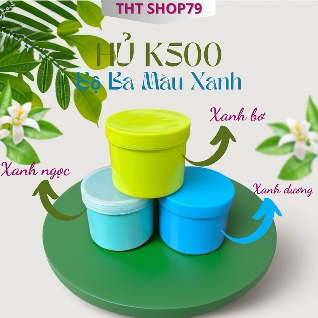 Combo 50  Hủ K500 - Xanh Ngọc - Xanh Bơ - Xanh Dương, Hủ nhựa rỗng - 500gr, Có nắp lót chống tràn, Đựng Kem Body