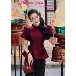 Set đồ lam, thiết kế mặc Tết Gấm Quảng Châu tay phồng 2 bên rút dây kèm quần dài Tuyết Nhung 1