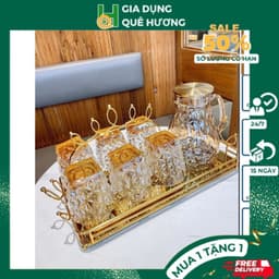 Set Bình Nước + 6 Cốc Thuỷ Tinh Đế Vuông Hongli + Bình nước chịu nhiệt họa tiết mắt na Hàng Vip  M31 2
