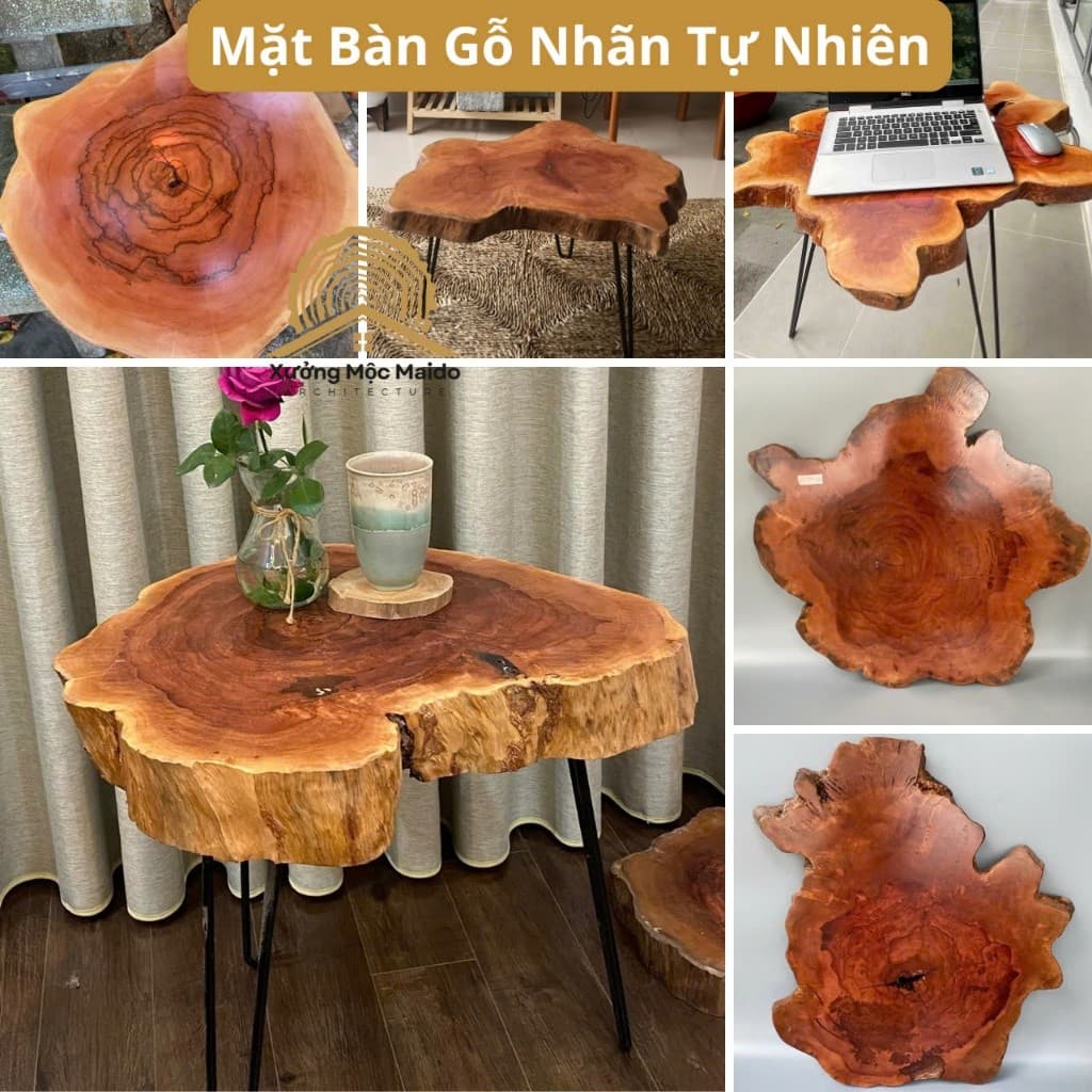 Mặt Bàn Tròn Cafe, Sofa, Gỗ Nhãn Nguyên Khối Tự Nhiên (Không Kèm Chân)