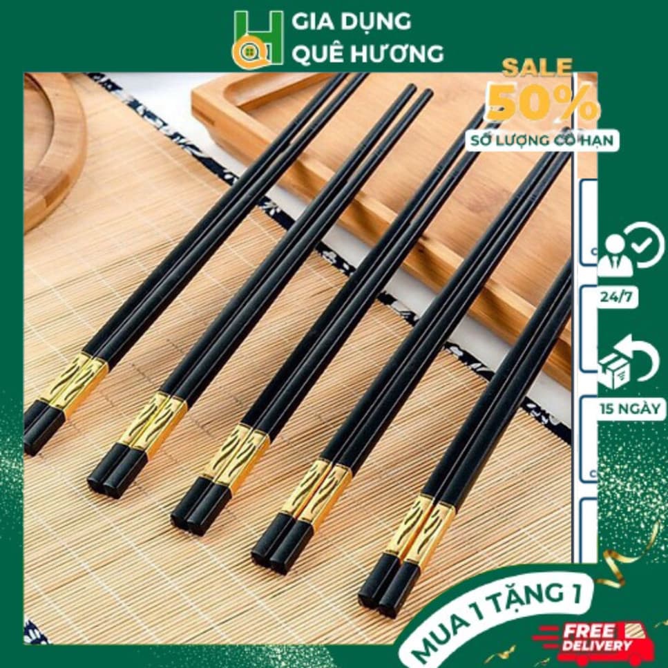 Bộ 10 đôi Đũa Mạ Vàng Hàn Quốc Nhựa Đen Nhật Cao Cấp Chống Trơn Chống Mốc Chịu Nhiệt CAO CẤP - M276