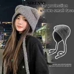 Mũ len tai gấu SIRENXI, Y2k có dây đeo Mũ máy bay ném bom dệt kim, Bảo vệ tai buộc dây Mũ len ấm áp 1