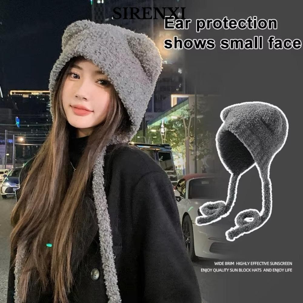 Mũ len tai gấu SIRENXI, Y2k có dây đeo Mũ máy bay ném bom dệt kim, Bảo vệ tai buộc dây Mũ len ấm áp