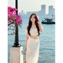 Set váy áo voan mỏng trễ vai tay bồng nhẹ thắt nơ ngực mix chân váy maxi đi biển du lịch 2
