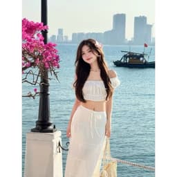 Set váy áo voan mỏng trễ vai tay bồng nhẹ thắt nơ ngực mix chân váy maxi đi biển du lịch 3
