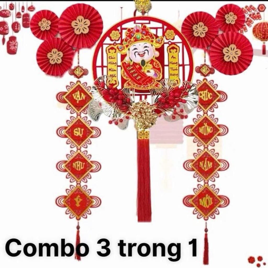 MIỄN SHIP (Set 3 món) Dải Treo ThầnTài lắc đầu và đôi liễn nhung cát tường phú quý size lớn 24x113cm 