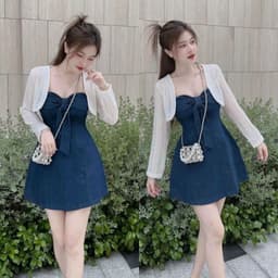Set đầm cúp ngực nơ trước denim và áo khoác ren ngắn trắng sang chảnh,váy bò cột nơ xinh xắn, set váy đẹp tiểu thư 1