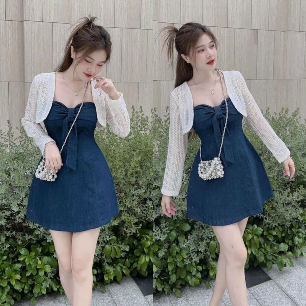 Set đầm cúp ngực nơ trước denim và áo khoác ren ngắn trắng sang chảnh,váy bò cột nơ xinh xắn, set váy đẹp tiểu thư