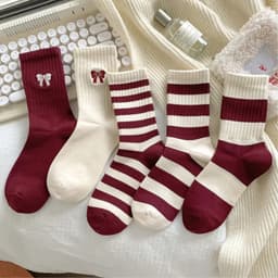 Set 10 Đôi Vớ Tất Unisex, Vớ Tất Cổ Cao Hoạ Tiết Nơ Và Sọc Màu Đỏ Nhiều Kiểu Chất Cotton Babylove.store 6