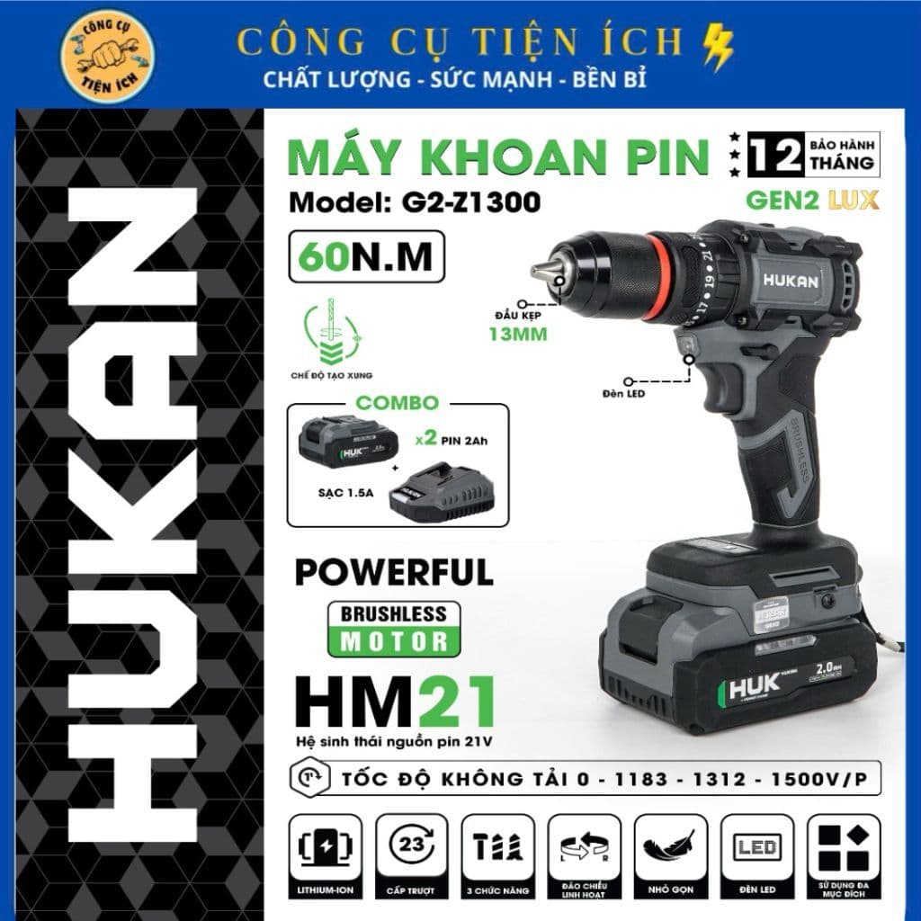 Máy Khoan Pin 13mm (GEN2) HUKAN G2-Z1300, Lực Siết 60N.m, Có Tạo Xung, Động Cơ Không Chổi Than