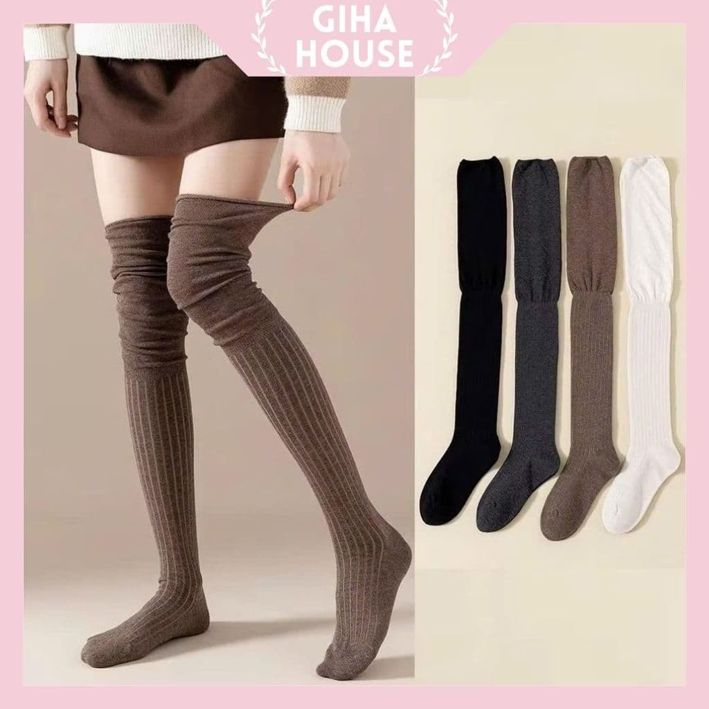 Tất Vớ Đùi Dài Qua Gối Đi Bốt Cotton Gân Tăm Giữ Ấm Mùa Đông Phong Cách Hàn Quốc Siêu Hot