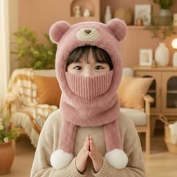Mũ Len Trẻ Em Trùm Đầu Kèm Khăn Quàng Và Khẩu Trang Lót Nhung Viền Lông Ấm Áp Cho Bé 4-12 Tuổi 5