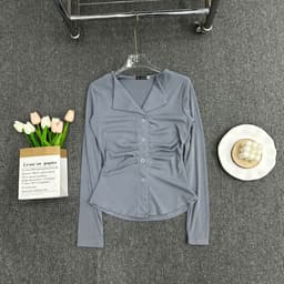 Áo Thun Nữ Tay Dài Cổ Bẻ Bigsize ESHOP Áo Thun Thiết Kế Cài Nút Thun Gân Tăm Co Giãn Thoải Mái MS535 5