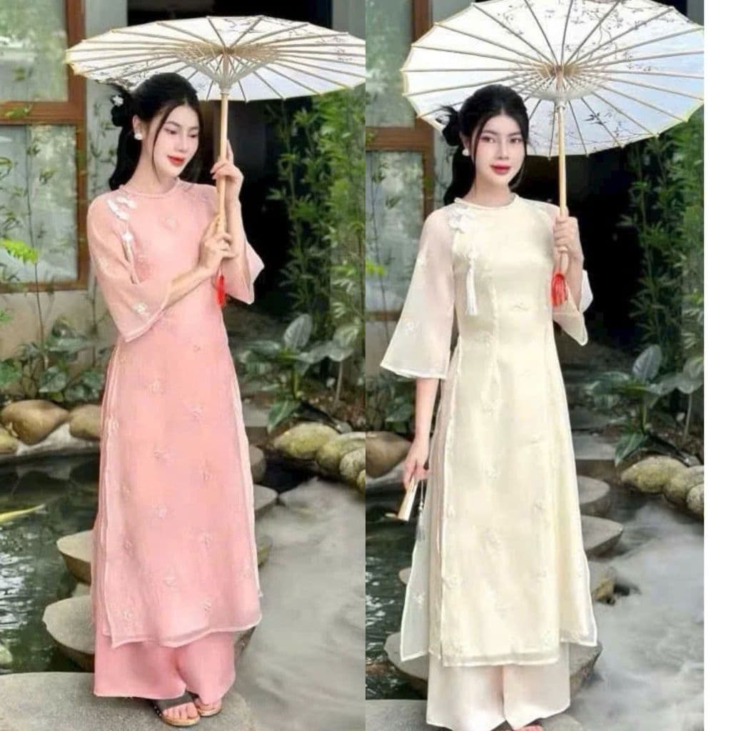 Set áo dài cách tân tơ thêu hoa 4 tà gài nút tàu đính charm tay lửng phối quần suông lụa latin xinh xắn hottrend 2026