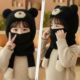 Mũ Len Trẻ Em Trùm Đầu Kèm Khăn Quàng Và Khẩu Trang Lót Nhung Viền Lông Ấm Áp Cho Bé 4-12 Tuổi 4