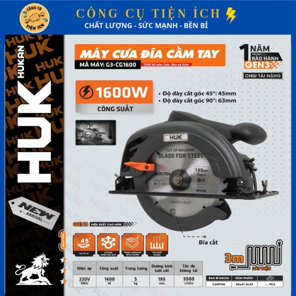 [GEN 3] Máy Cưa Đĩa Cầm Tay HUKAN G3-CG1600, Công Suất 1600W, Lưỡi 185mm – Cắt 45°/90° – Dây 3m