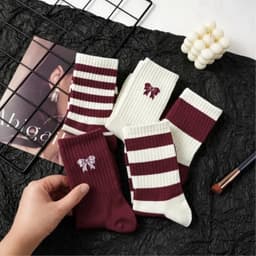 Set 10 Đôi Vớ Tất Unisex, Vớ Tất Cổ Cao Hoạ Tiết Nơ Và Sọc Màu Đỏ Nhiều Kiểu Chất Cotton Babylove.store 5