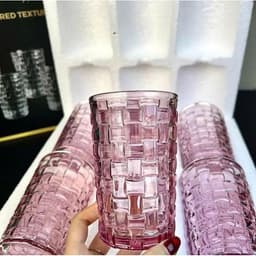 Bộ 06 Cốc Vân Caro Cao 350ml Màu Hồng Tặng Khăn Ren Xinh Xắn Chất Liệu Thủy Tinh Soda Lime Cao Cấp An Toàn 2