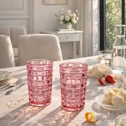 Bộ 06 Cốc Vân Caro Cao 350ml Màu Hồng Tặng Khăn Ren Xinh Xắn Chất Liệu Thủy Tinh Soda Lime Cao Cấp An Toàn 1