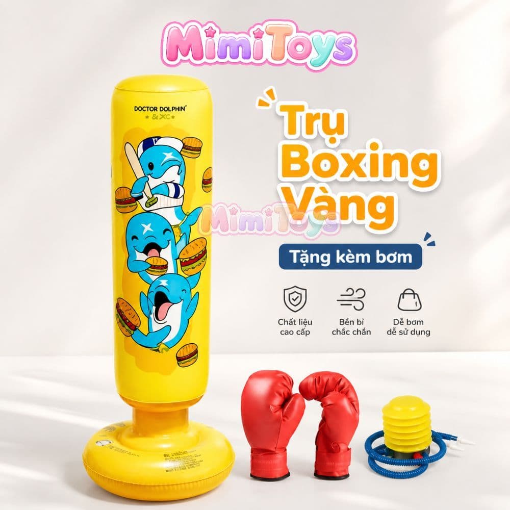 Bao Đấm Hơi Boxing MimiToys Cao 1m2 Màu Vàng - Đồ Chơi Vận Động Kèm Bơm Cho Bé