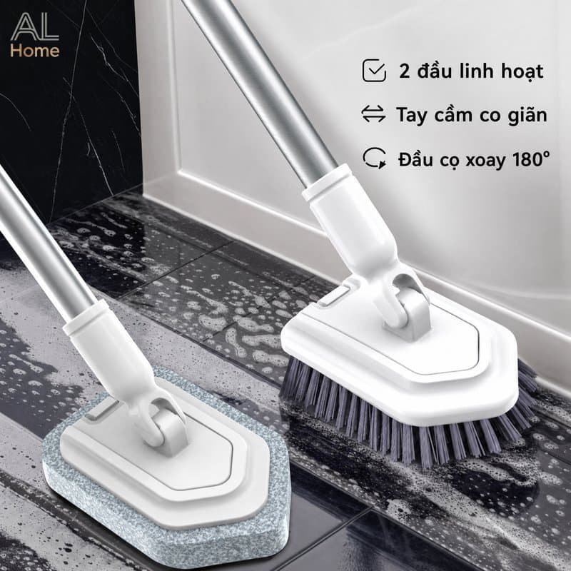 bàn chải cọ sàn nhà tắm 2 đầu lông cứng mềm cán kéo dài vệ sinh lavabo bồn tắm gạch