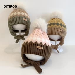 Mũ dệt kim cho bé DITIPOO, Mũ bịt tai trẻ em chống gió ấm áp, Mũ len dệt kim dày cho bé 2-5 tuổi Thu đông 1