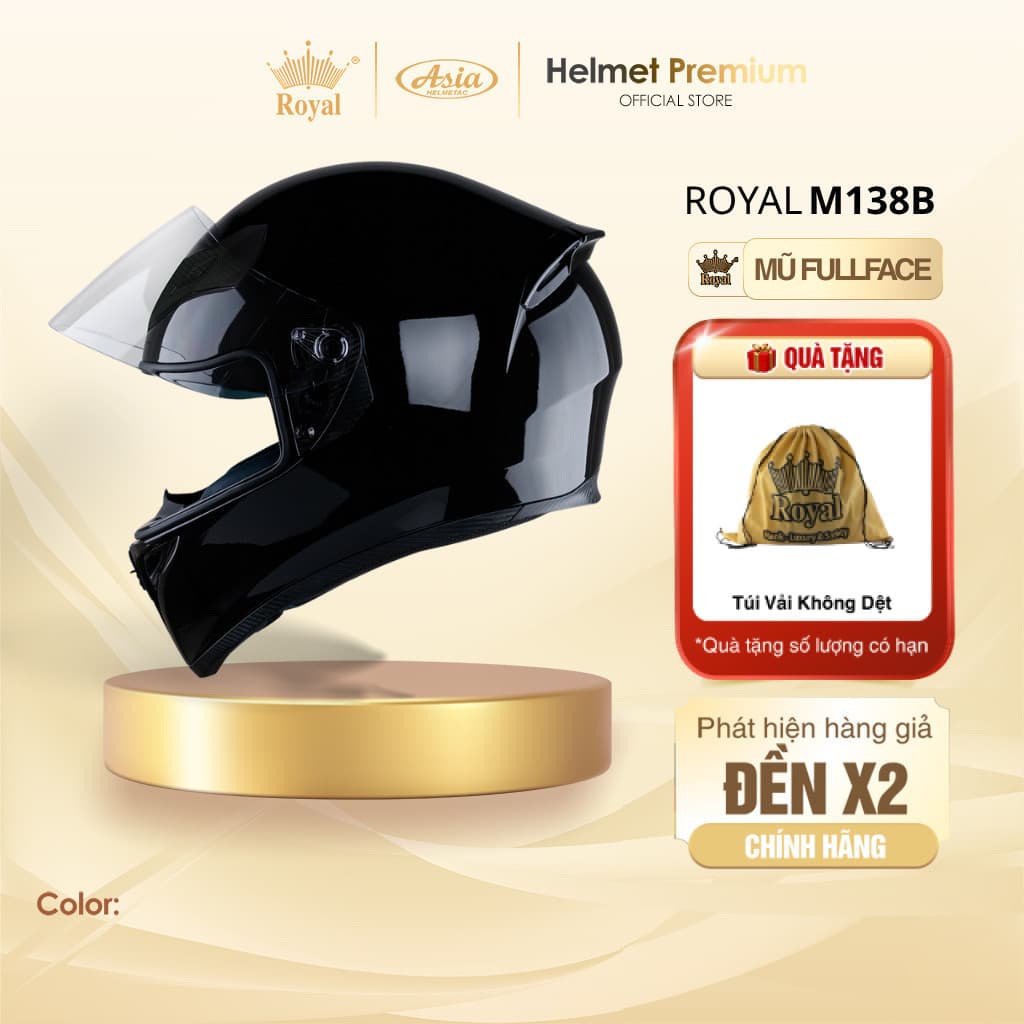 Mũ Bảo Hiểm FullFace Royal M138B Đen Bóng 1 Kính Chính Hãng - Chịu Lực, Bảo Vệ Đầu, Bảo Hành 1 Năm