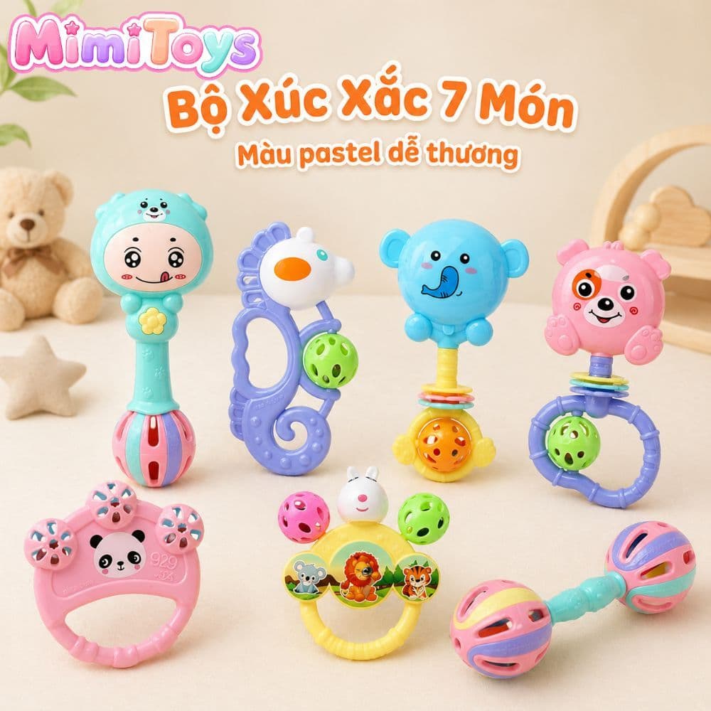 Bộ 7 Món Lục Lạc Xúc Xắc MimiToys - Đồ Chơi Cầm Tay Giúp Bé Tập Nắm Và Phát Triển Giác Quan