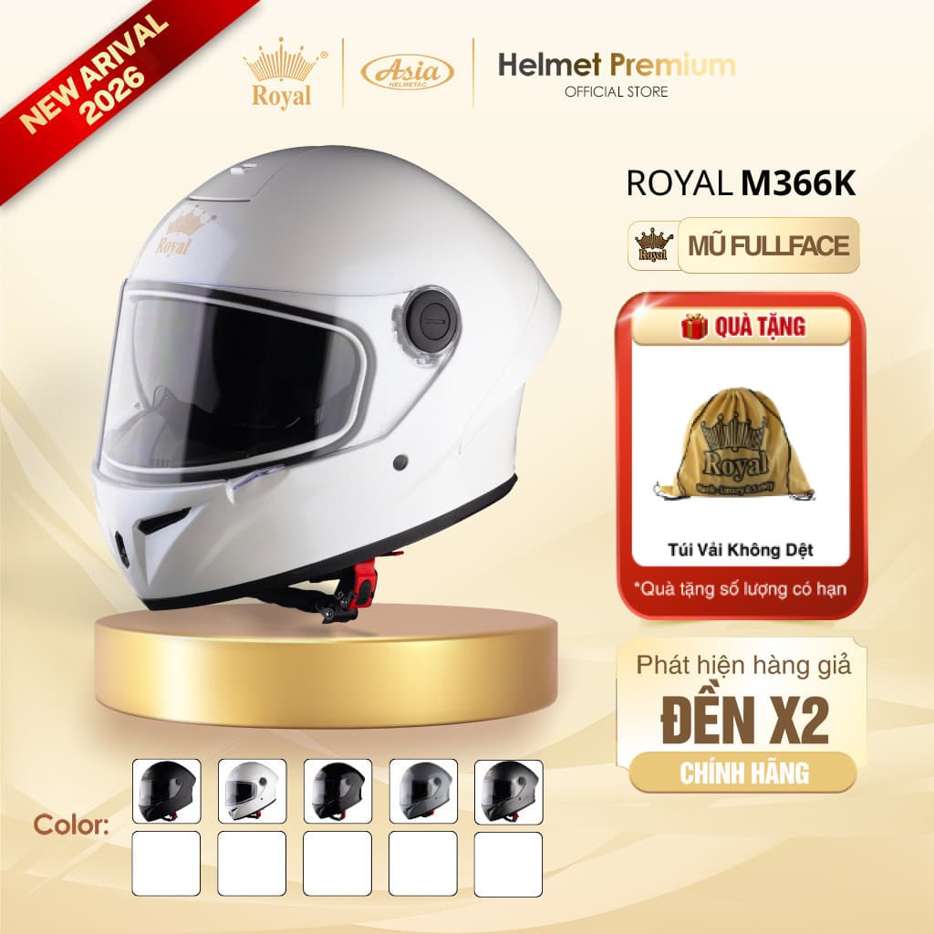 [Độc Quyền] Mũ Bảo Hiểm Fullface Royal M366 2 Kính Đen Mờ, Đen Bóng, Trắng, Xám, Titan Chính Hãng