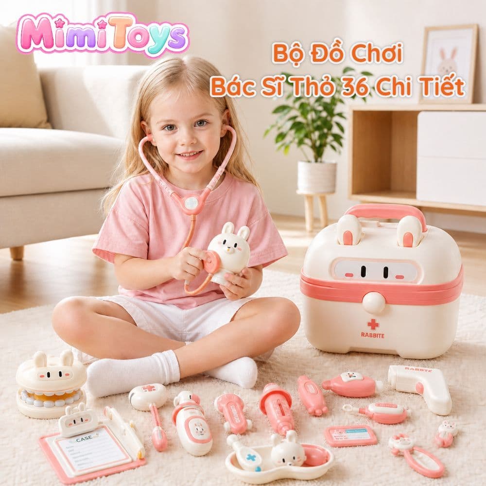 Vali Bác Sĩ Hình Thỏ MimiToys 36 Chi Tiết - Đồ Chơi Nhập Vai Khám Bệnh Cho Bé