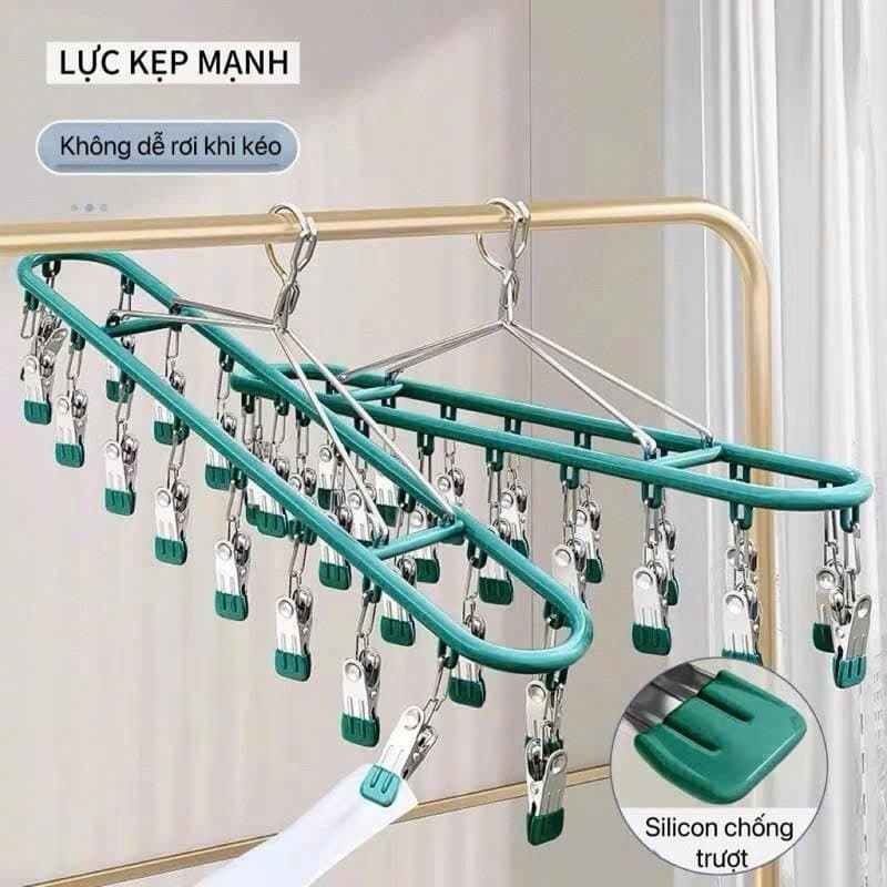 Móc Phơi Đồ 18 Kẹp Inox,Giá Treo Tất Đồ Lót Chống Gió Khóa Gài Tiết Kiệm Diện Tích - Móc phơi treo đồ đa năng Treo Tất